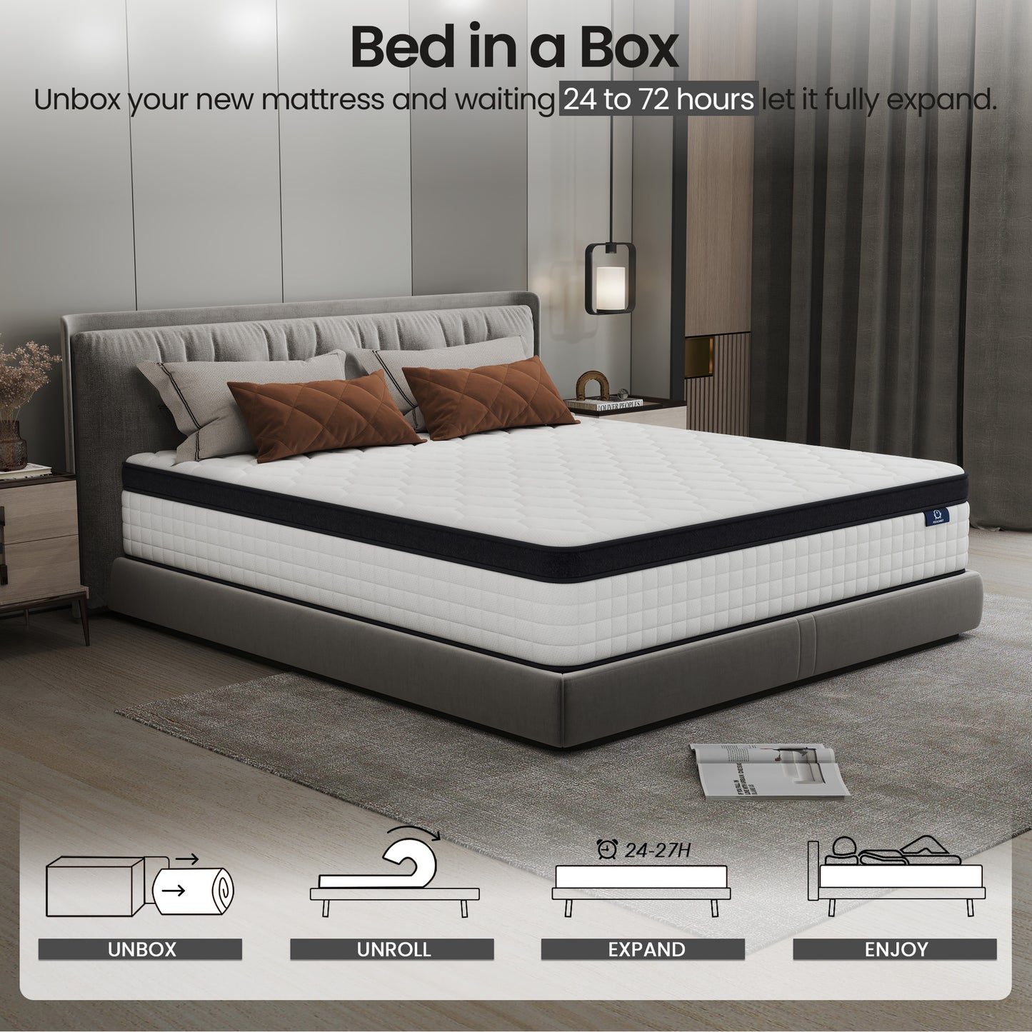 OnBeam | Focalsweet Auth. 12" King Mattress, Medium Firm Memory Foam Mattress in a Box, Motion Isolation