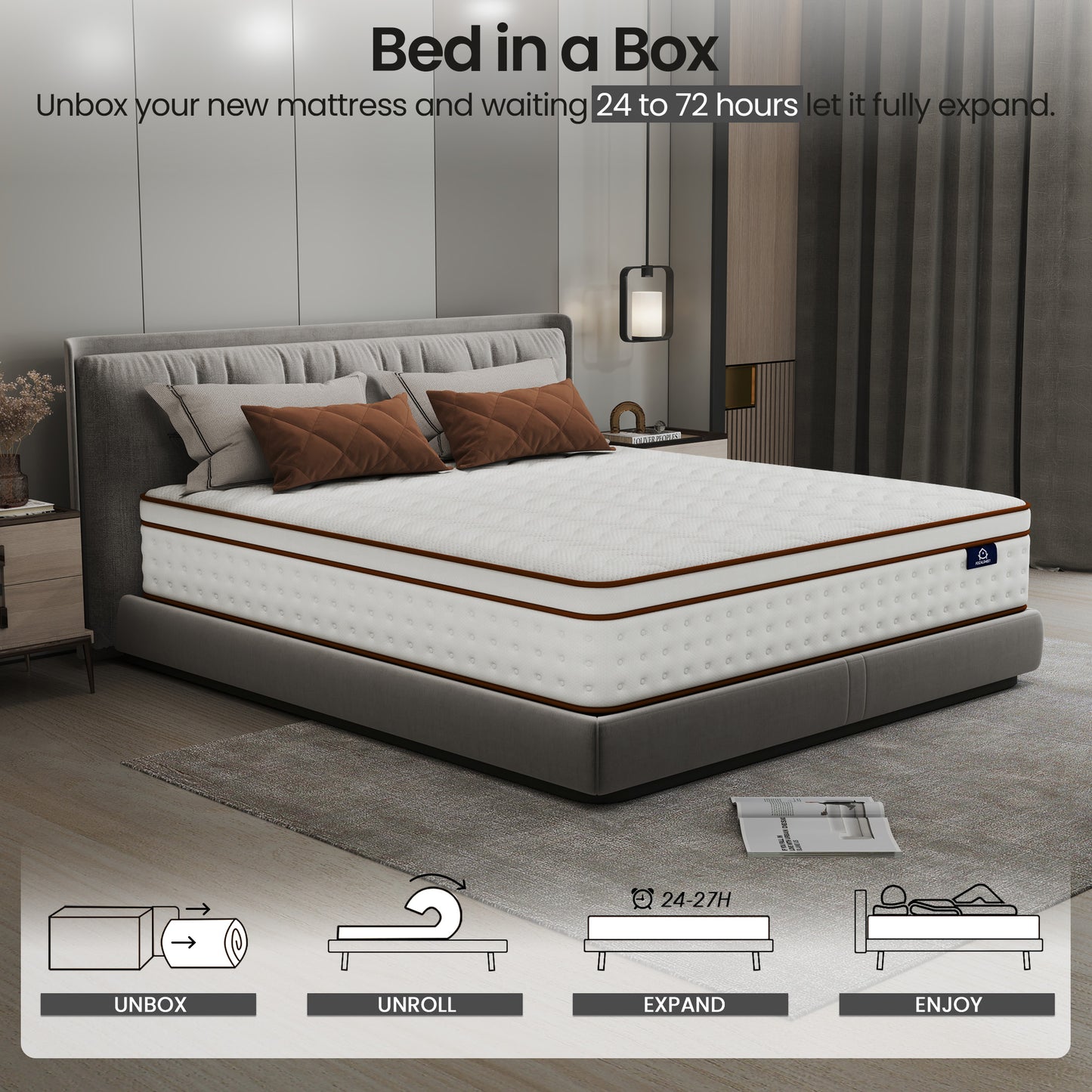OnBeam | Focalsweet Auth. 10" King Mattress, Medium Firm Memory Foam Mattress in a Box, Motion Isolation