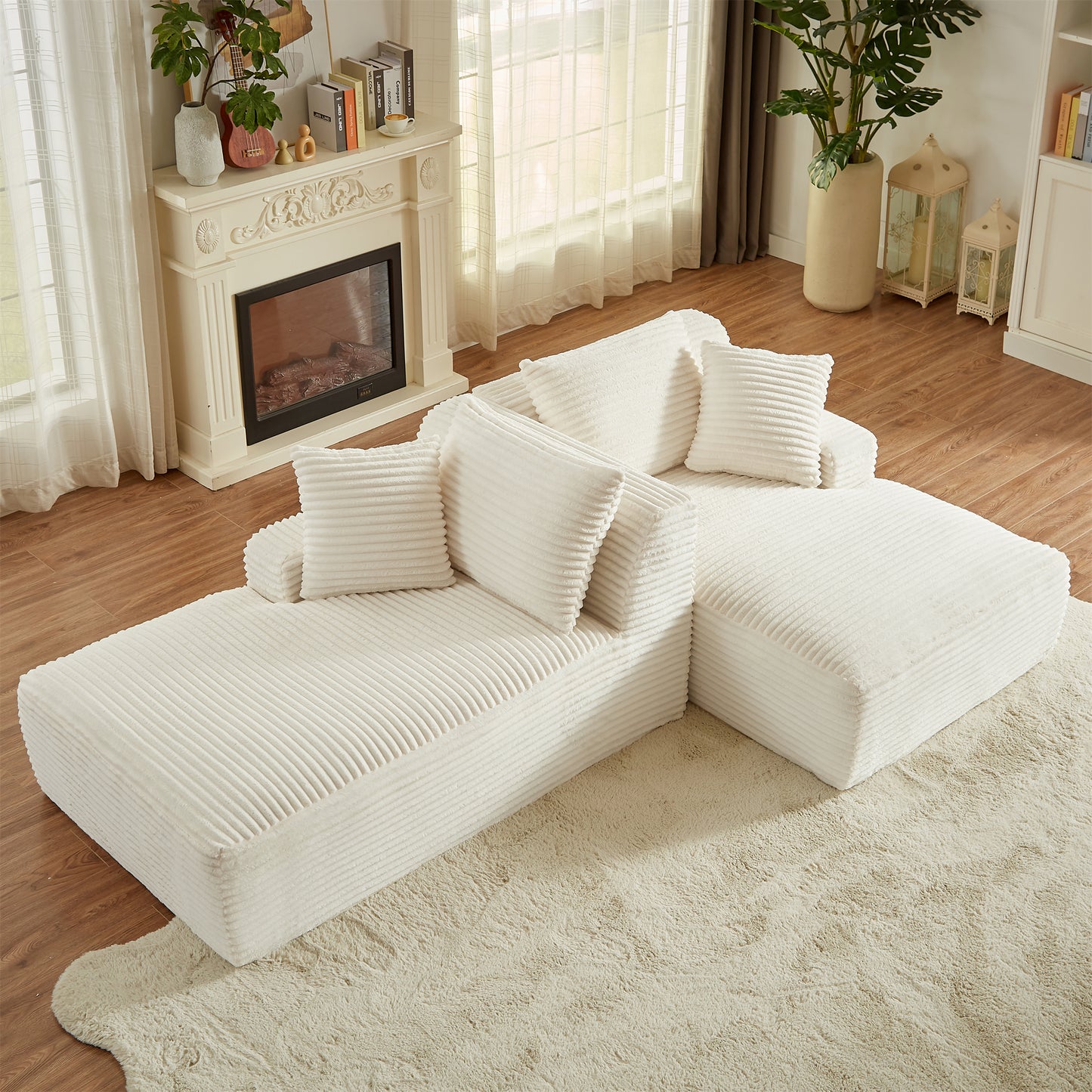 Onbeam 79" Double Chaise Sleeper Sofa - Corduroy Memory Foam Couch for Adults, Living Room & Bedroom,White