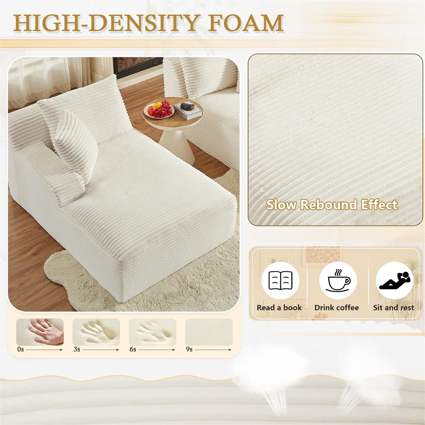Onbeam 79" Double Chaise Sleeper Sofa - Corduroy Memory Foam Couch for Adults, Living Room & Bedroom,White
