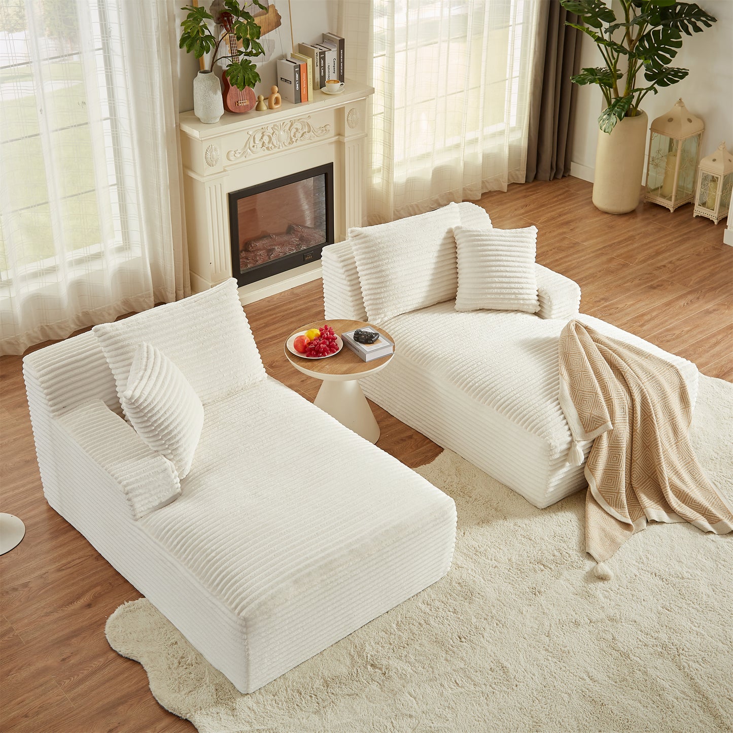 Onbeam 79" Double Chaise Sleeper Sofa - Corduroy Memory Foam Couch for Adults, Living Room & Bedroom,White