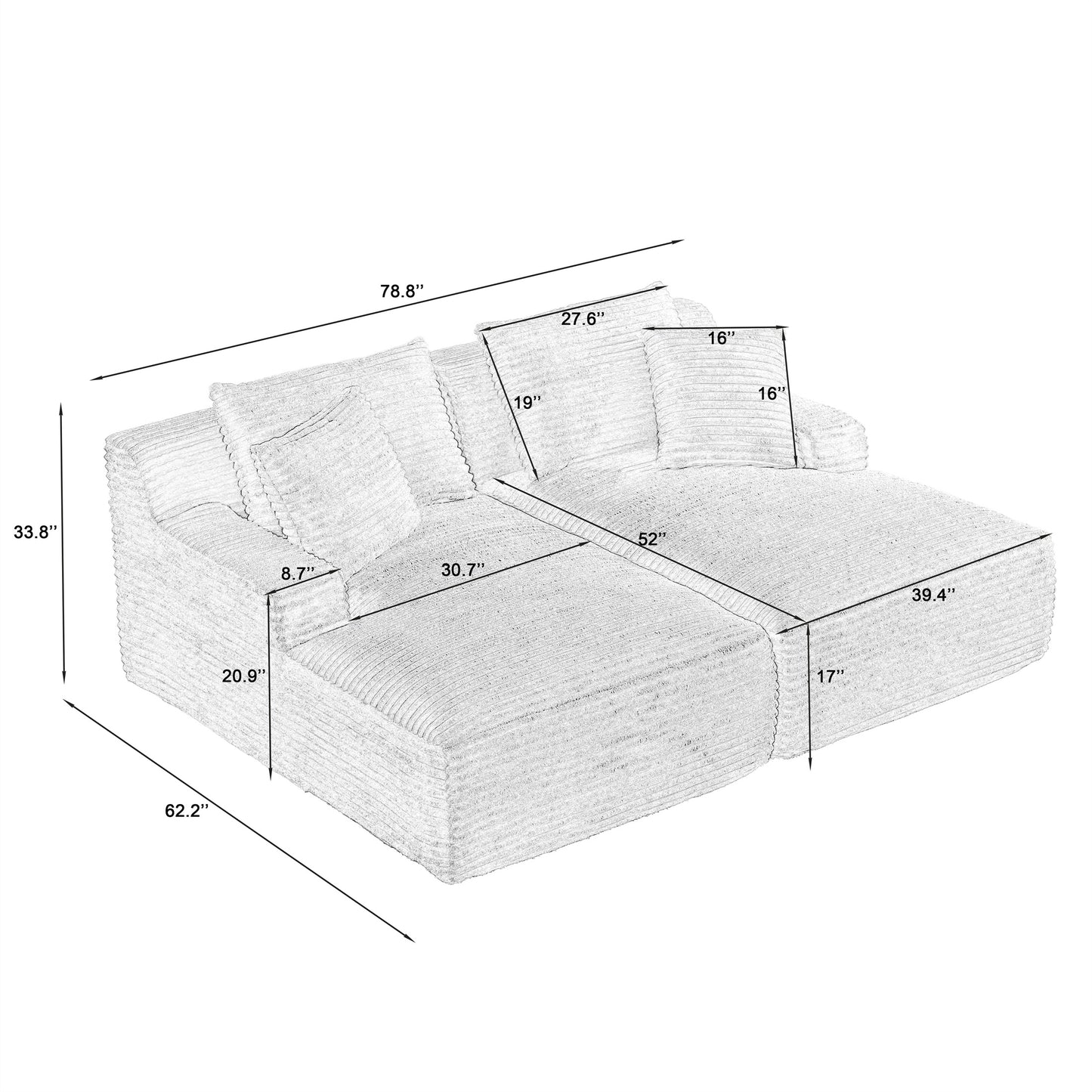 Onbeam 79" Double Chaise Sleeper Sofa - Corduroy Memory Foam Couch for Adults, Living Room & Bedroom,Black