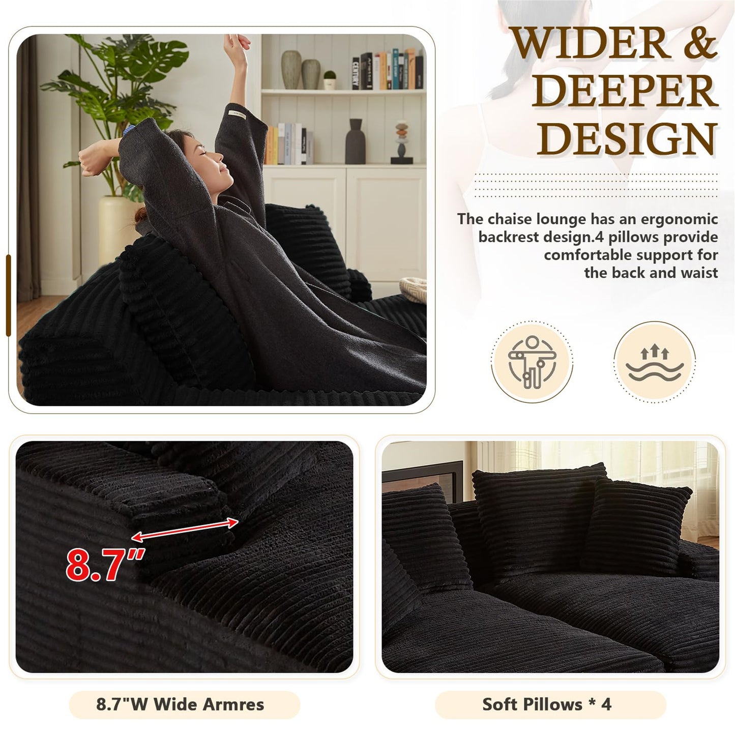 Onbeam 79" Double Chaise Sleeper Sofa - Corduroy Memory Foam Couch for Adults, Living Room & Bedroom,Black