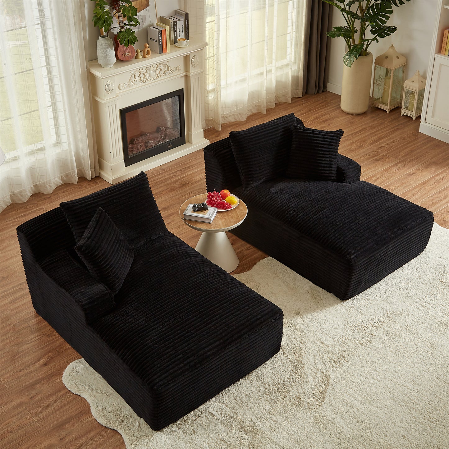 Onbeam 79" Double Chaise Sleeper Sofa - Corduroy Memory Foam Couch for Adults, Living Room & Bedroom,Black