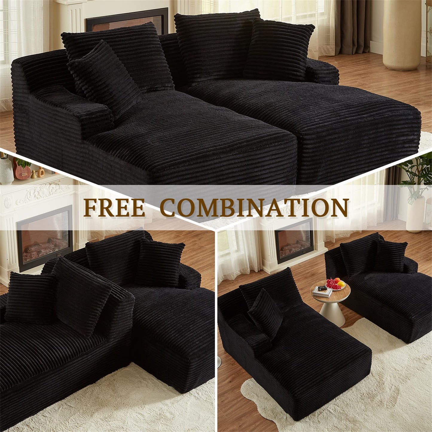 Onbeam 79" Double Chaise Sleeper Sofa - Corduroy Memory Foam Couch for Adults, Living Room & Bedroom,Black