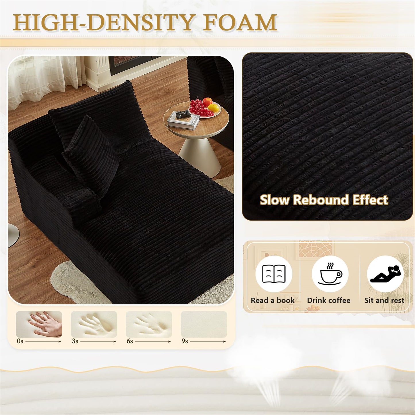 Onbeam 79" Double Chaise Sleeper Sofa - Corduroy Memory Foam Couch for Adults, Living Room & Bedroom,Black
