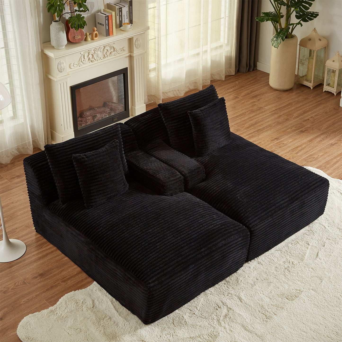 Onbeam 79" Double Chaise Sleeper Sofa - Corduroy Memory Foam Couch for Adults, Living Room & Bedroom,Black