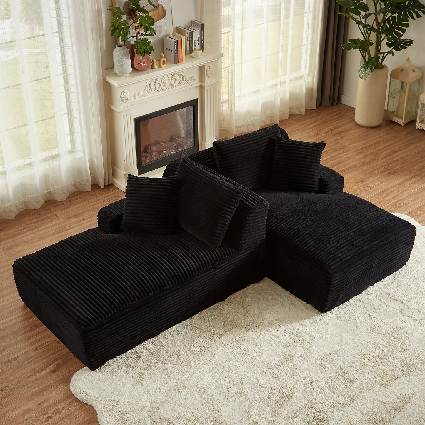 Onbeam 79" Double Chaise Sleeper Sofa - Corduroy Memory Foam Couch for Adults, Living Room & Bedroom,Black