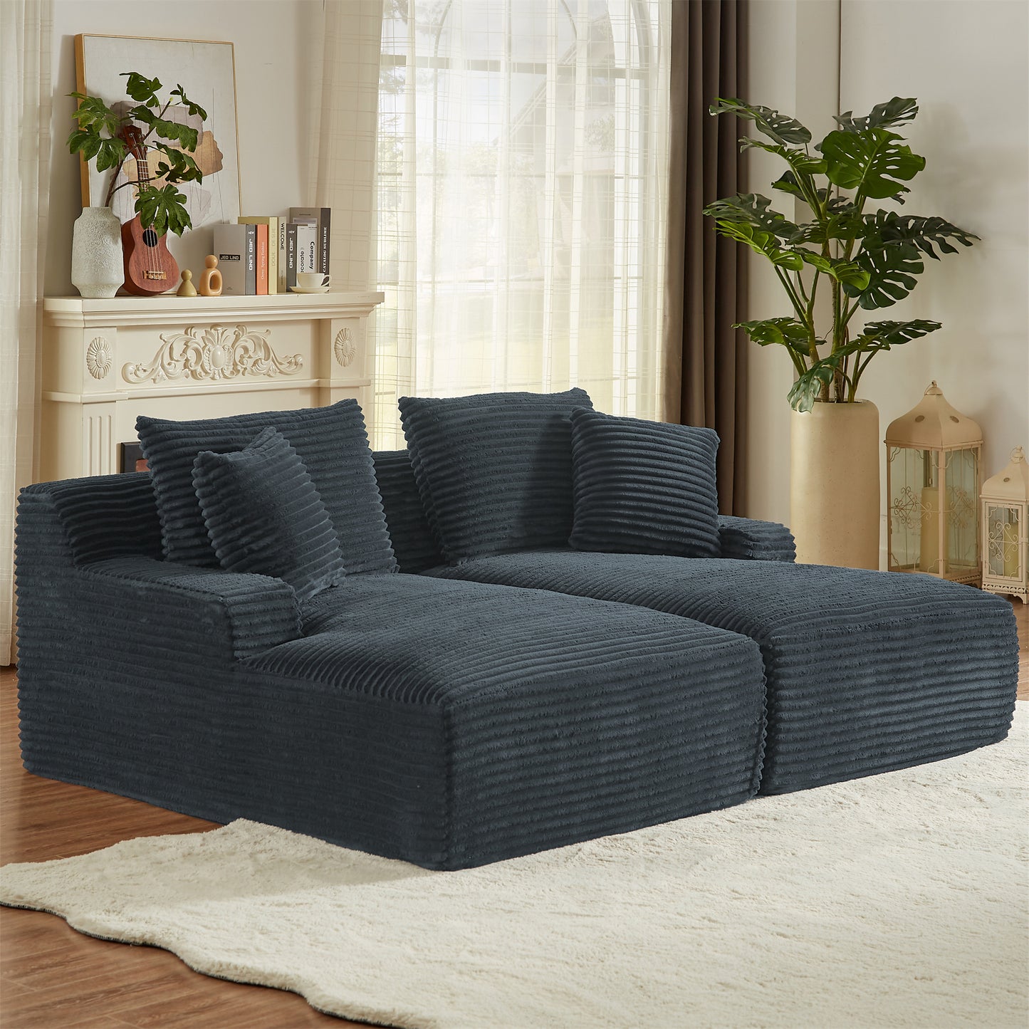 Onbeam 79" Double Chaise Sleeper Sofa - Corduroy Memory Foam Couch for Adults, Living Room & Bedroom, Gray