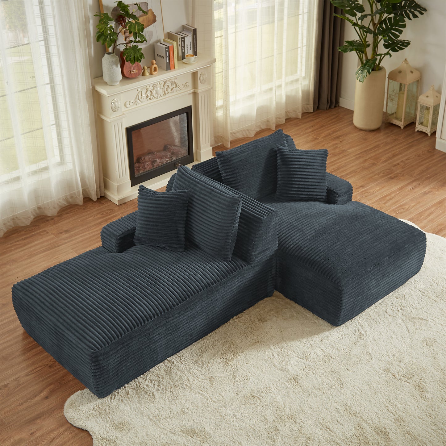Onbeam 79" Double Chaise Sleeper Sofa - Corduroy Memory Foam Couch for Adults, Living Room & Bedroom, Gray