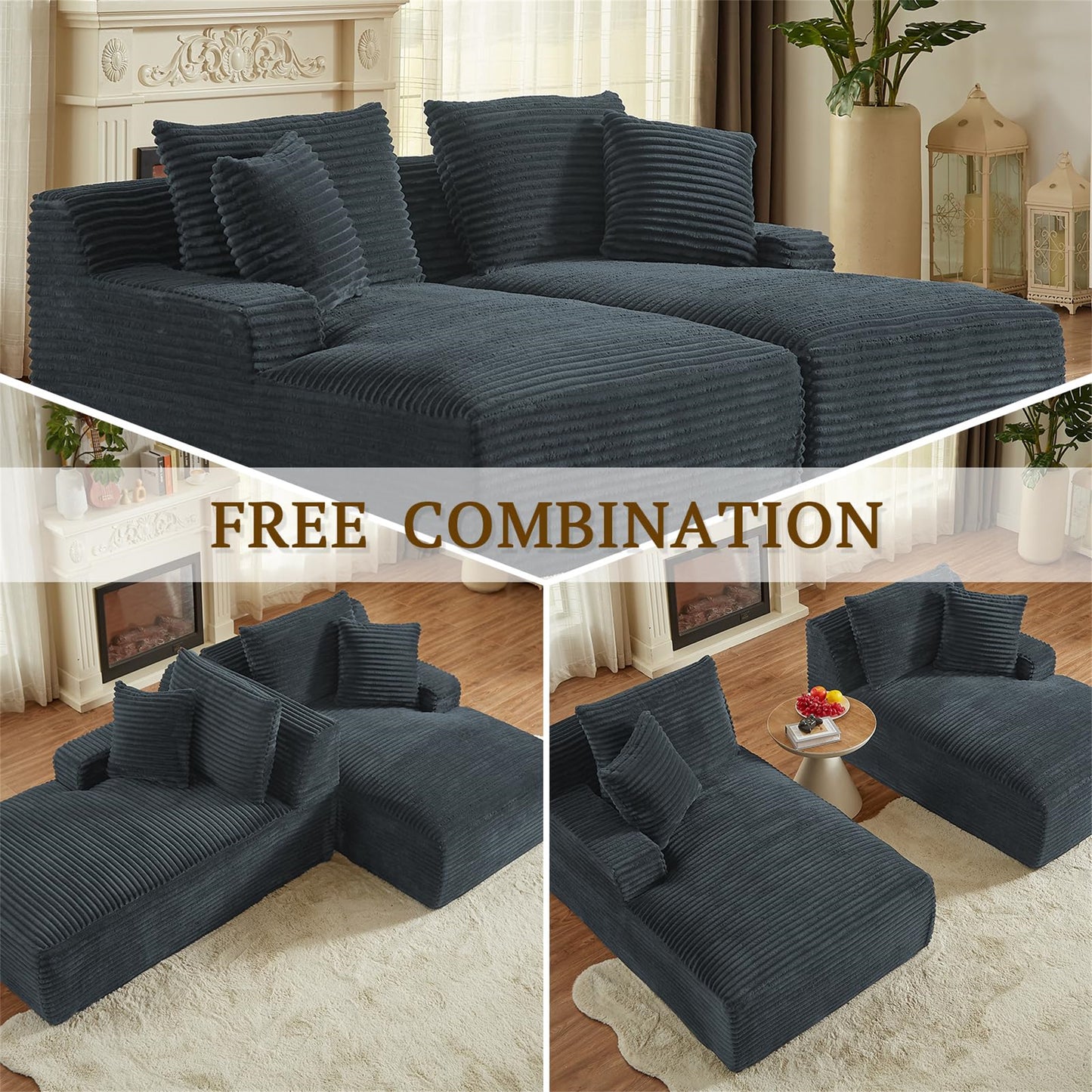 Onbeam 79" Double Chaise Sleeper Sofa - Corduroy Memory Foam Couch for Adults, Living Room & Bedroom, Gray