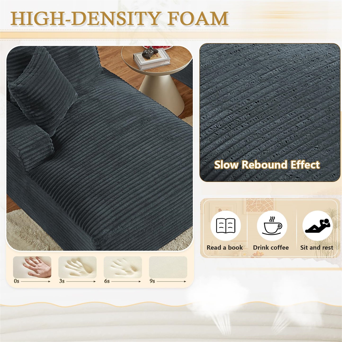 Onbeam 79" Double Chaise Sleeper Sofa - Corduroy Memory Foam Couch for Adults, Living Room & Bedroom, Gray