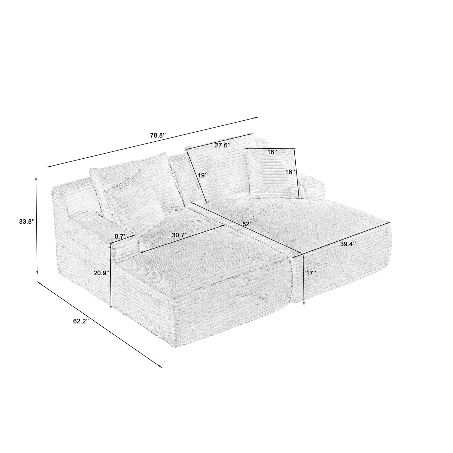Onbeam 79" Double Chaise Sleeper Sofa - Corduroy Memory Foam Couch for Adults, Living Room & Bedroom, Gray
