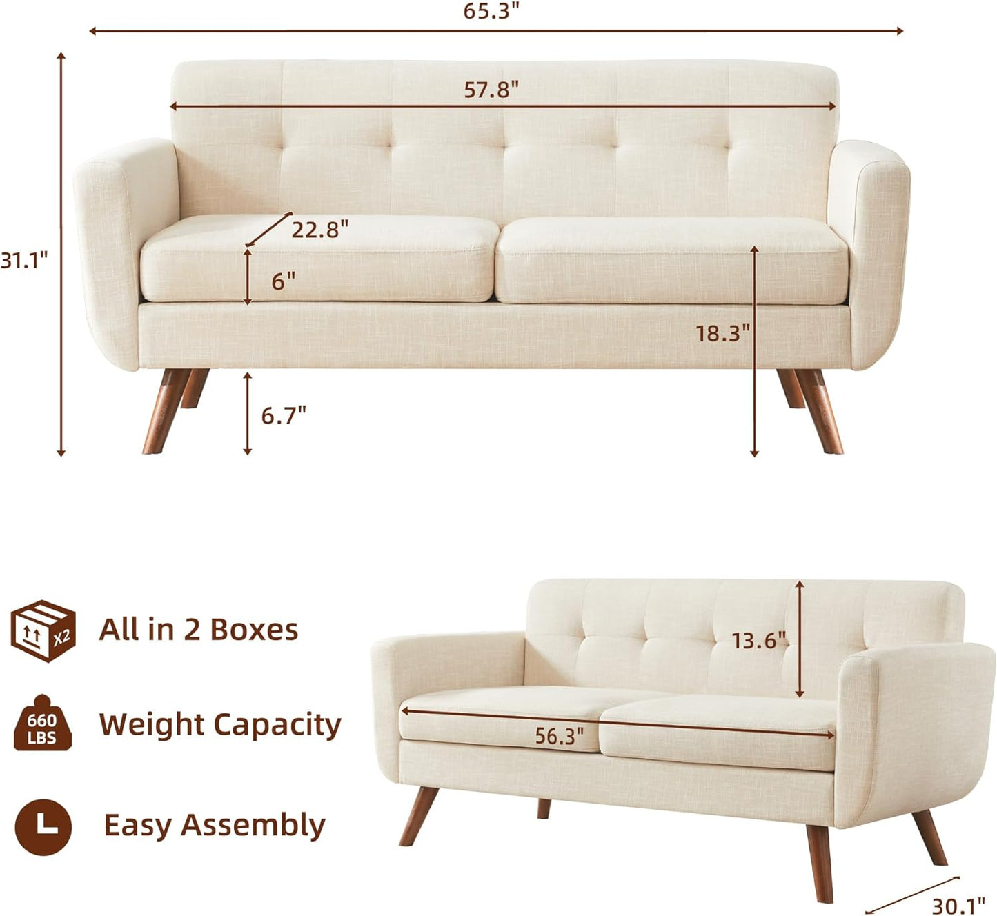 Focalsweet Loveseat Sofa, Mid Century Modern Decor Love Seat Couches for Living Room